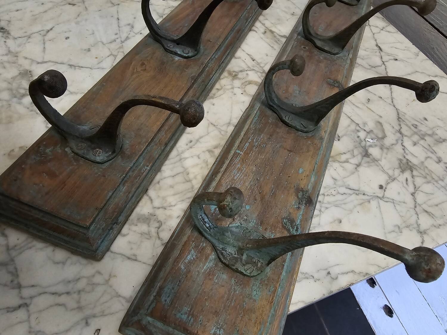 Wooden school coat rack and cast iron coat hooks