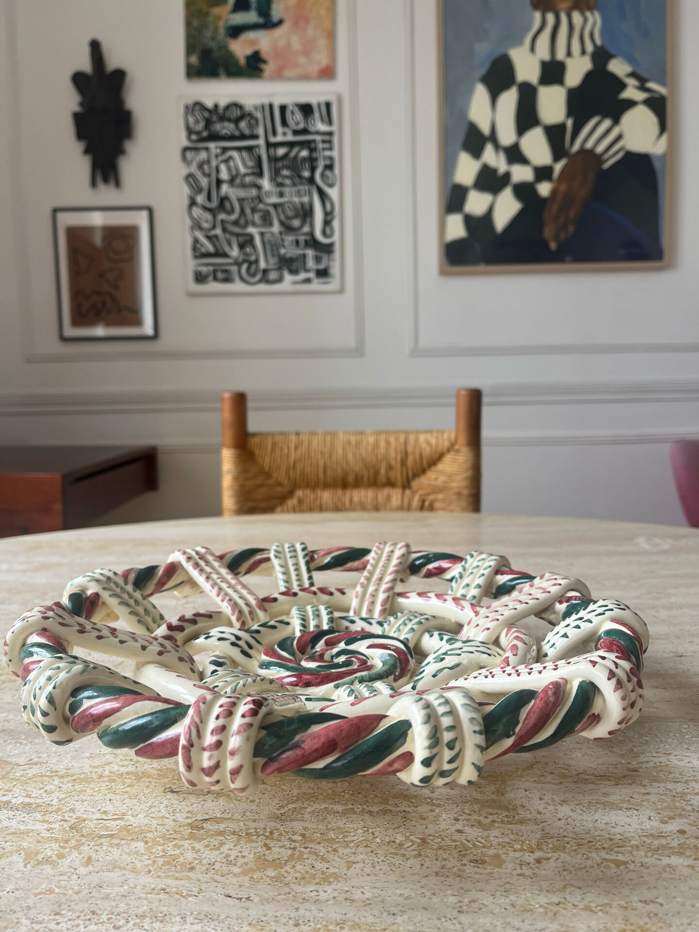 Hand-painted woven ceramic plate