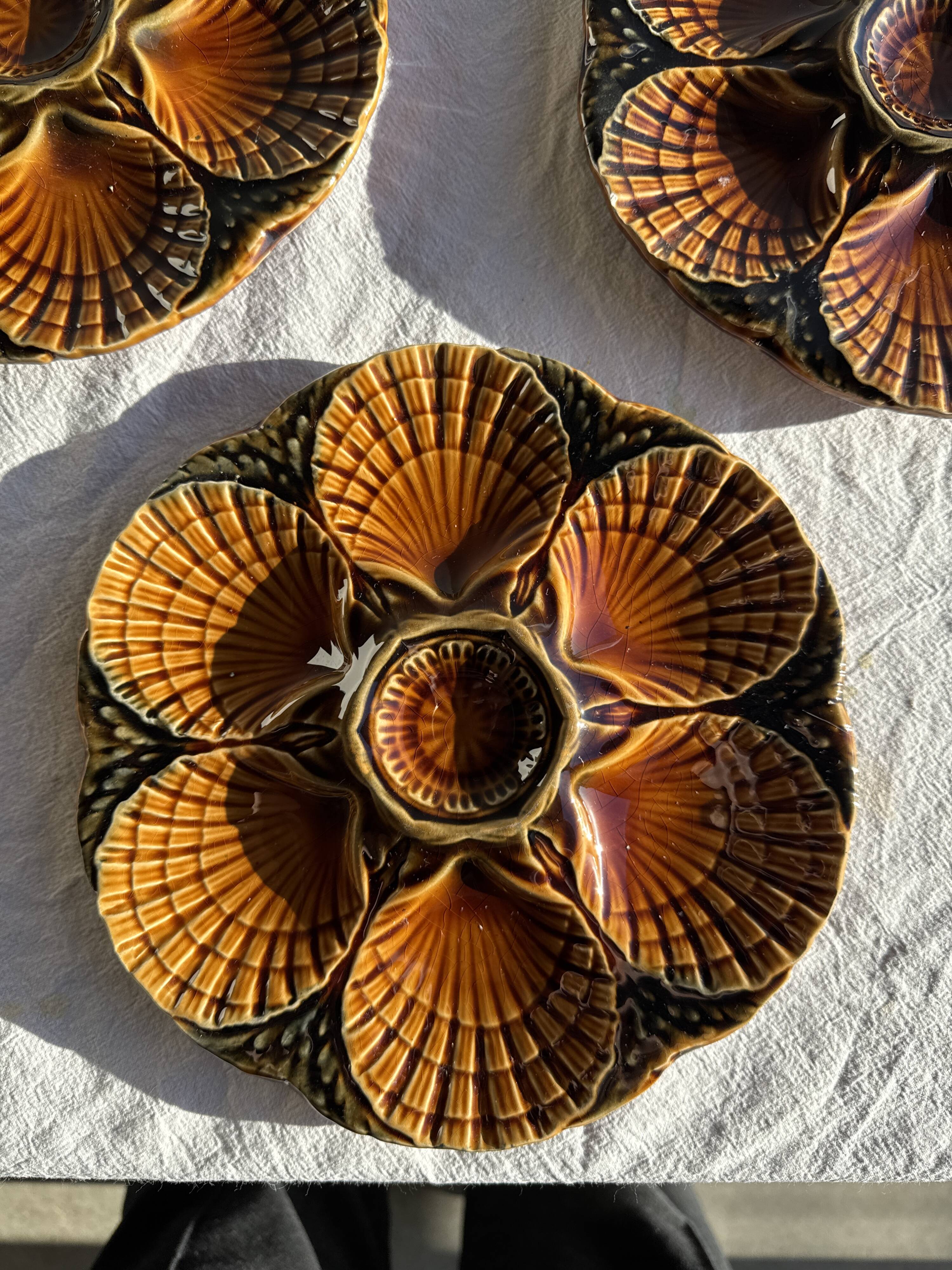 Set of 12 oyster or shell plates in glazed brown ceramic D