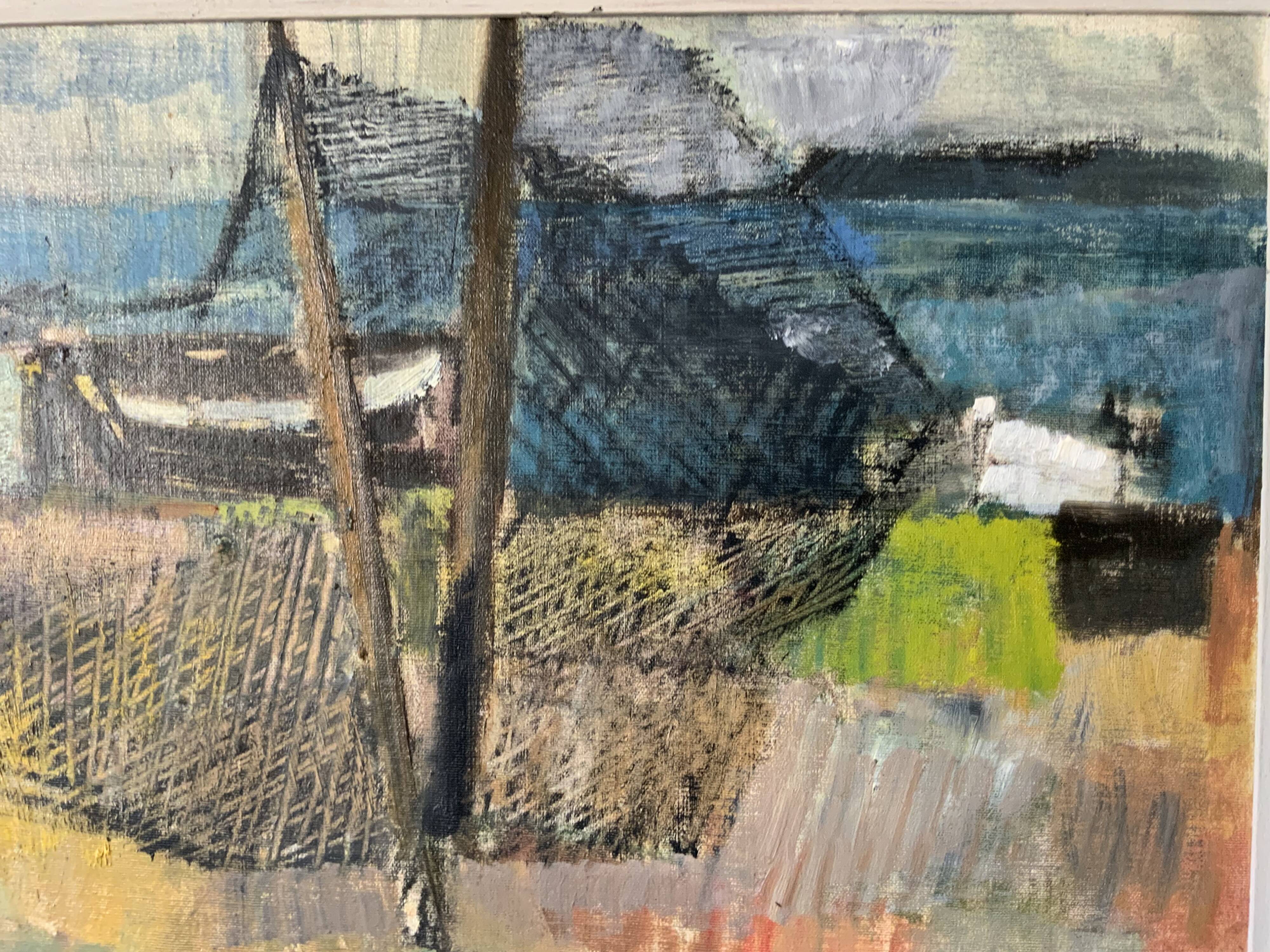 Vintage Oil Painting Fishing Village Scene 1950s