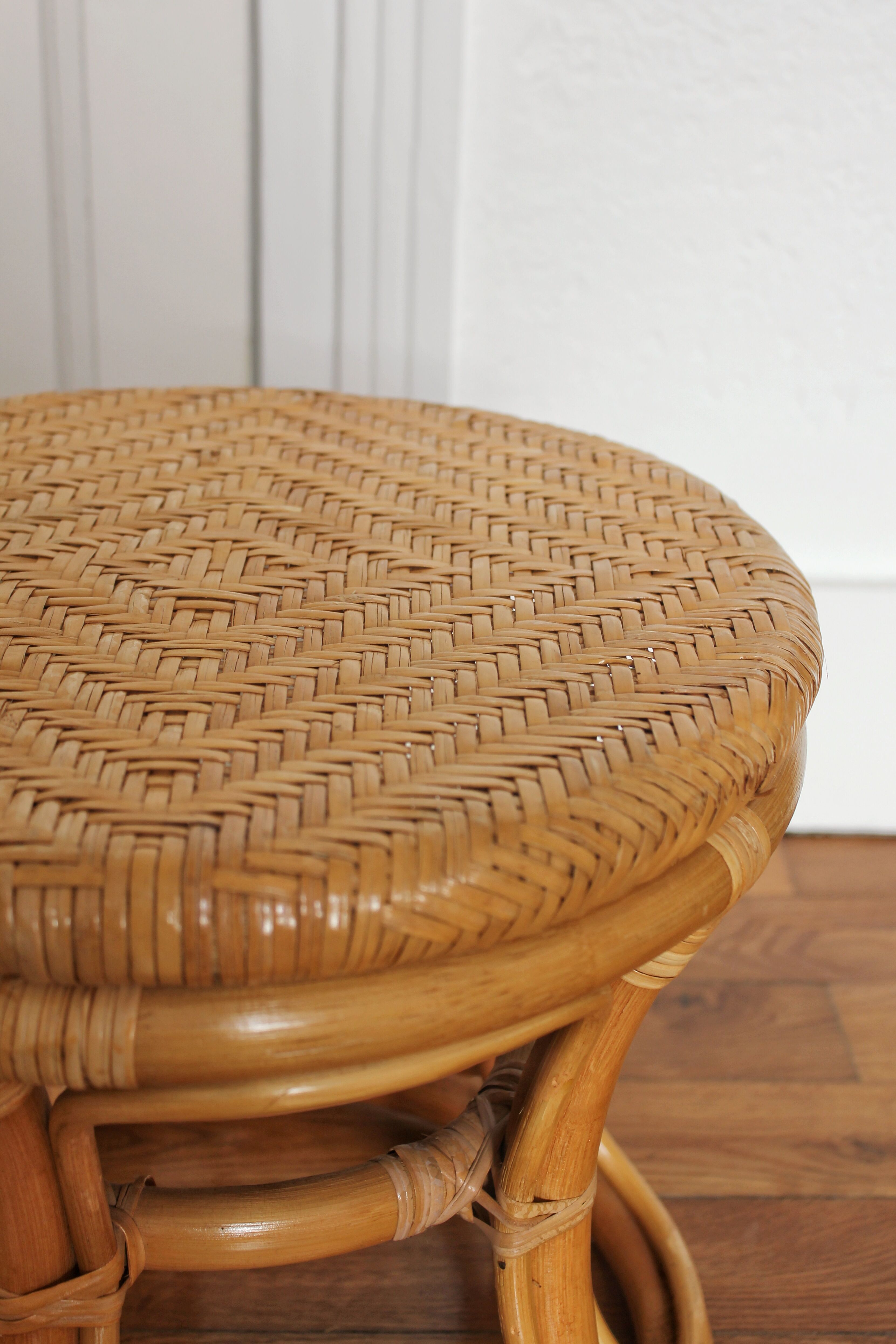 Low rattan stool and vintage canning