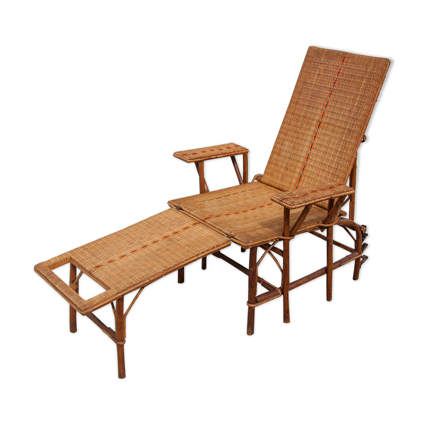 Antique rattan chaise longue, Chilean, rattan deckchair, folding backrest, removable footrest