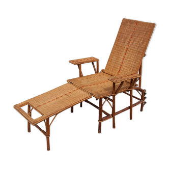 Chaise longue rotin ancienne chilienne transat rotin dossier rabattable, repose-pieds amovible