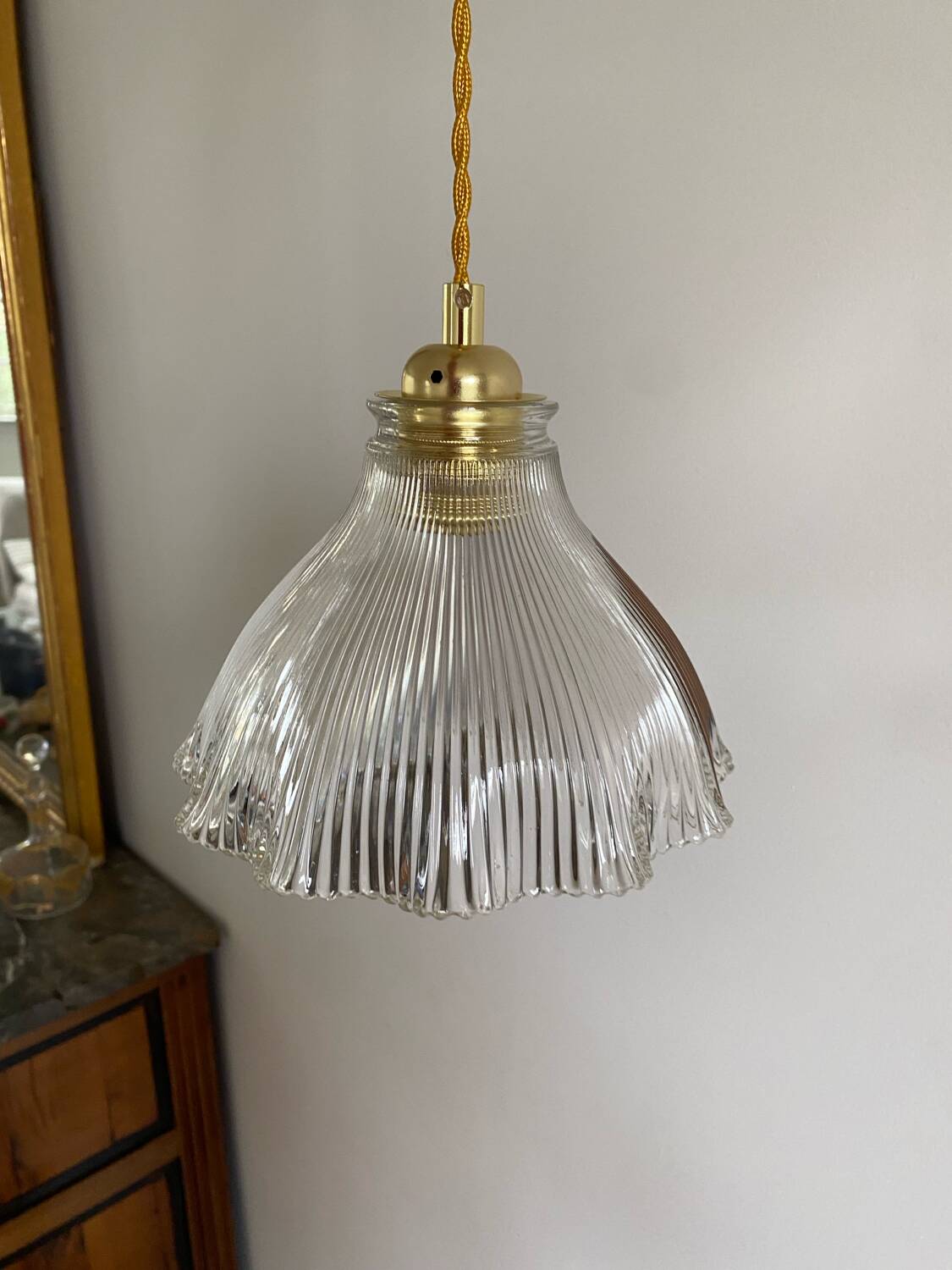 Vintage glass holophane pendant light