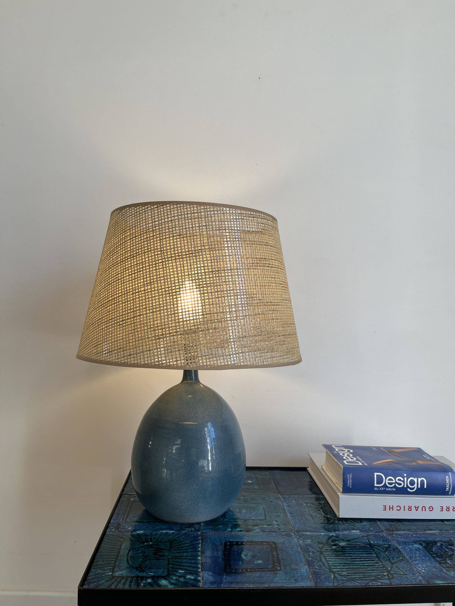 Blue enameled ceramic lamp by Roland Zobel, Les Cyclades workshop