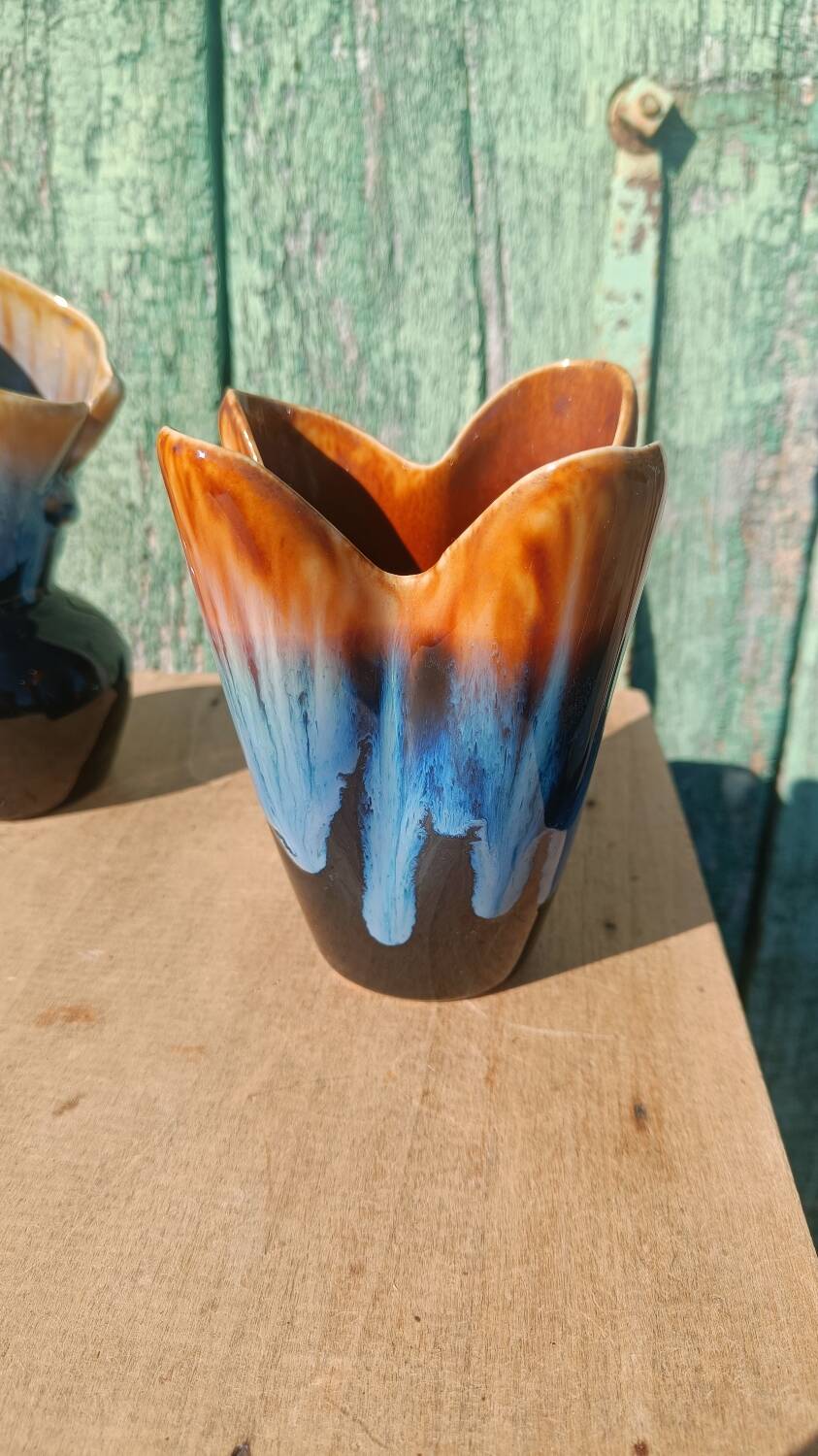 "Pair of vintage glazed ceramic vases – blue flamed glaze – ann"