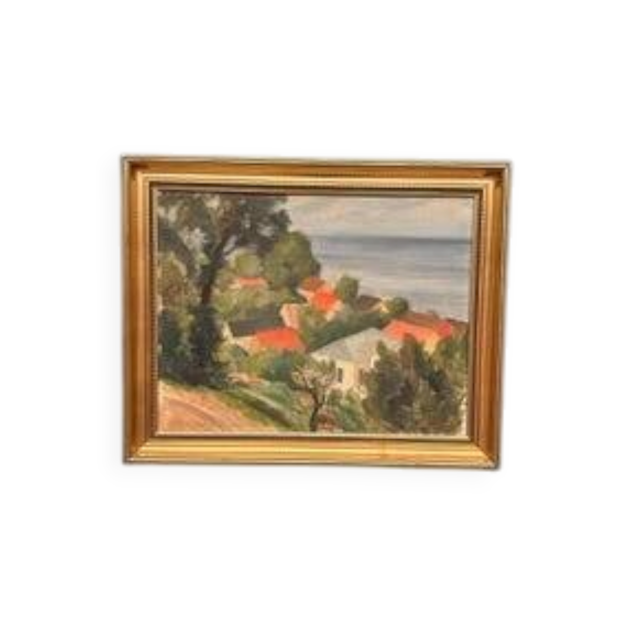 Original Oil Painting on Panel - "Coastal Village" by Bernhard Önstad - Signed - Vintage and Framed