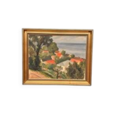 Peinture à l'huile originale sur panneau - "Village côtier" par Bernhard Önstad - Signée - Vintage et encadrée