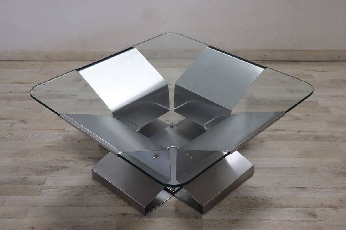 Square Coffee Table In Steel And Glass, Italy 1970s