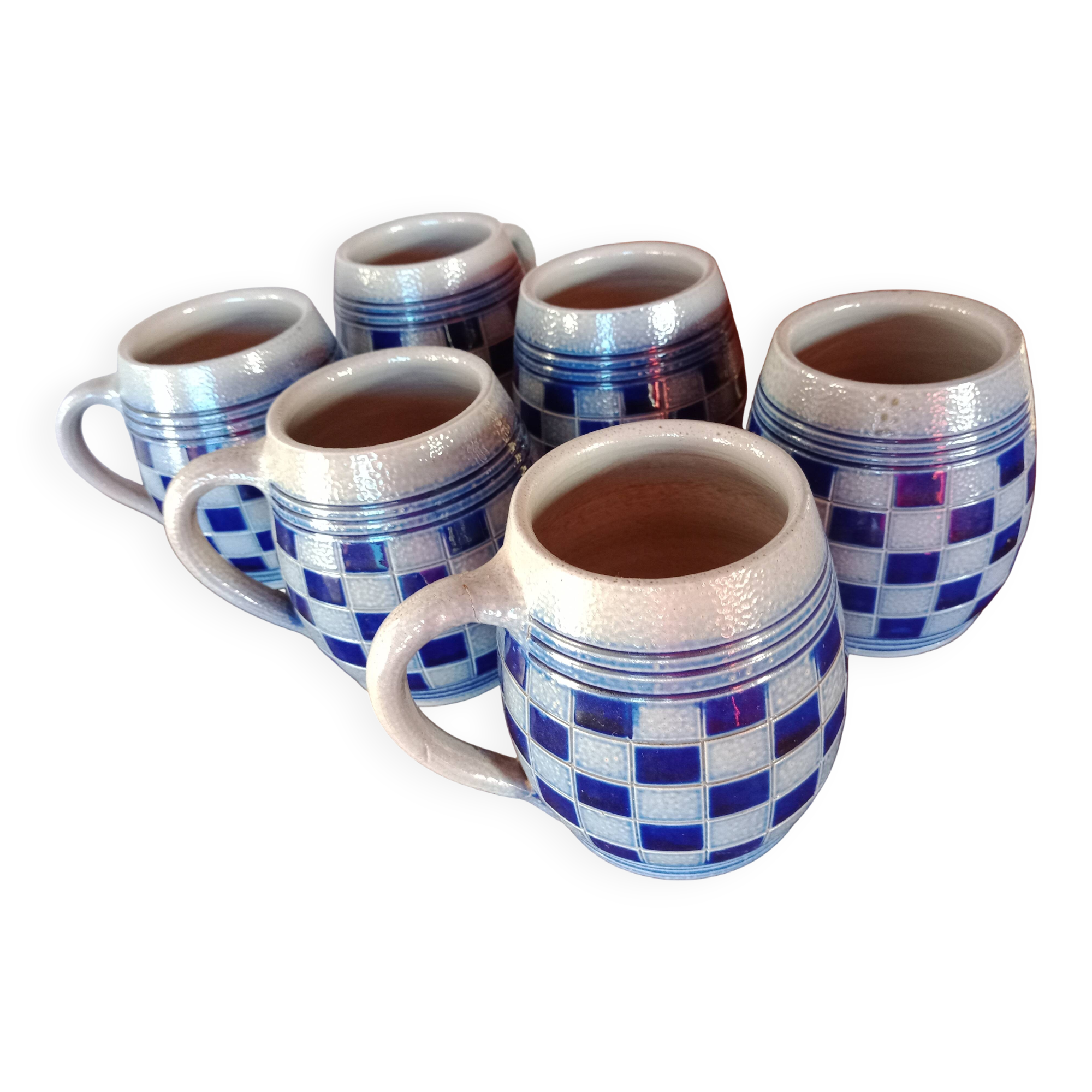 Lot 6 chopes - Grès d'Alsace - Damier bleu cobalt - Betschdorf V. SHMITTER