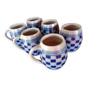 Lot of 6 mugs - Alsace stoneware - Cobalt blue checkerboard - Betschdorf V. SHMITTER