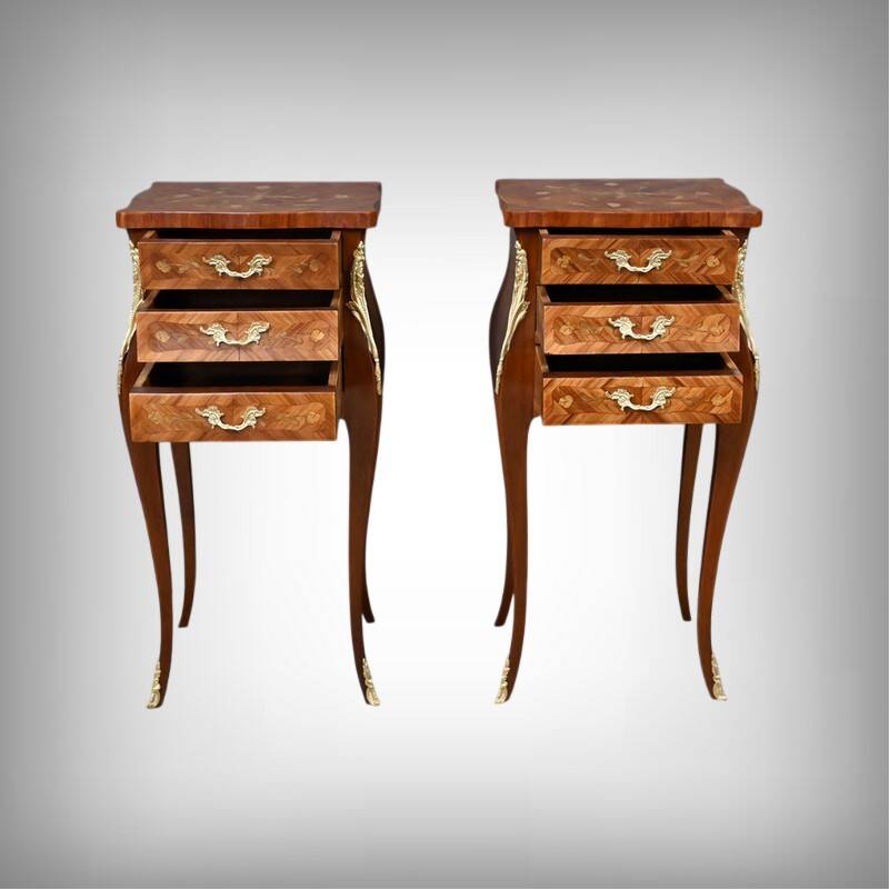 Pair of bedside tables in marquetry, Louis XV style – Mid 20th century