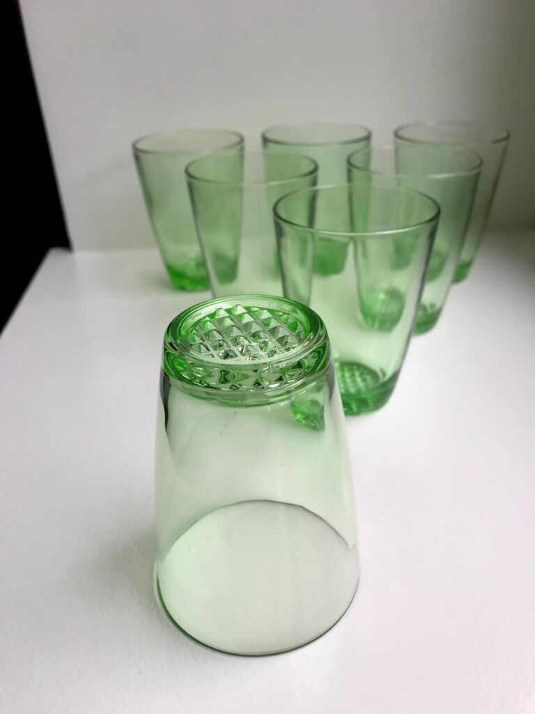 set of 7 water glasses Made in France green glass 70s