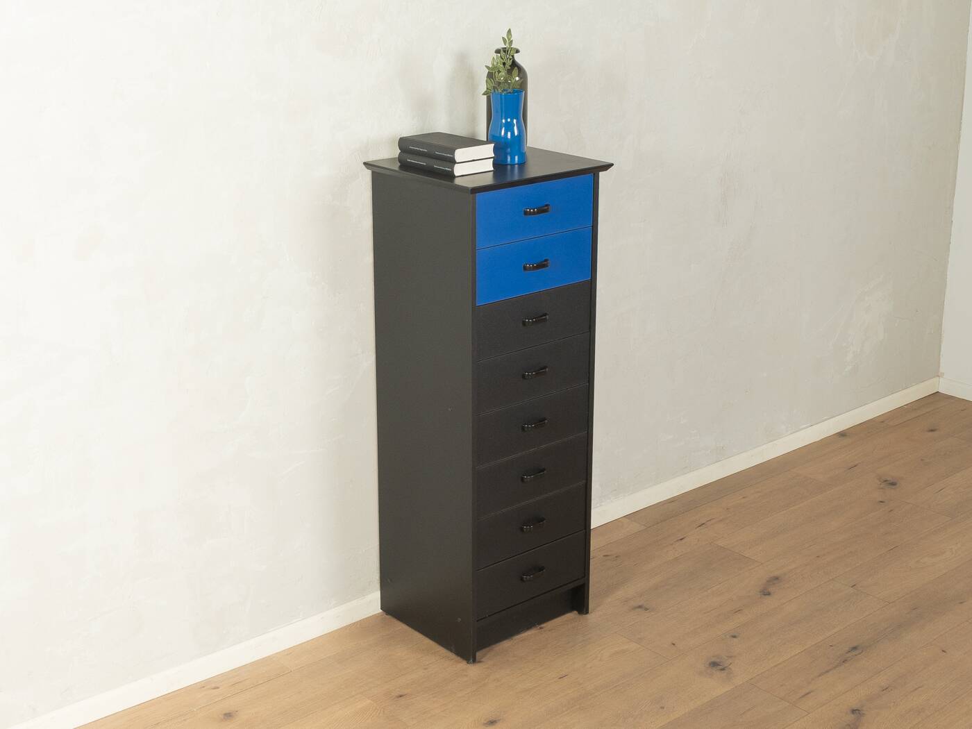 Commode postmoderne des années 1980, noire et bleue, vintage