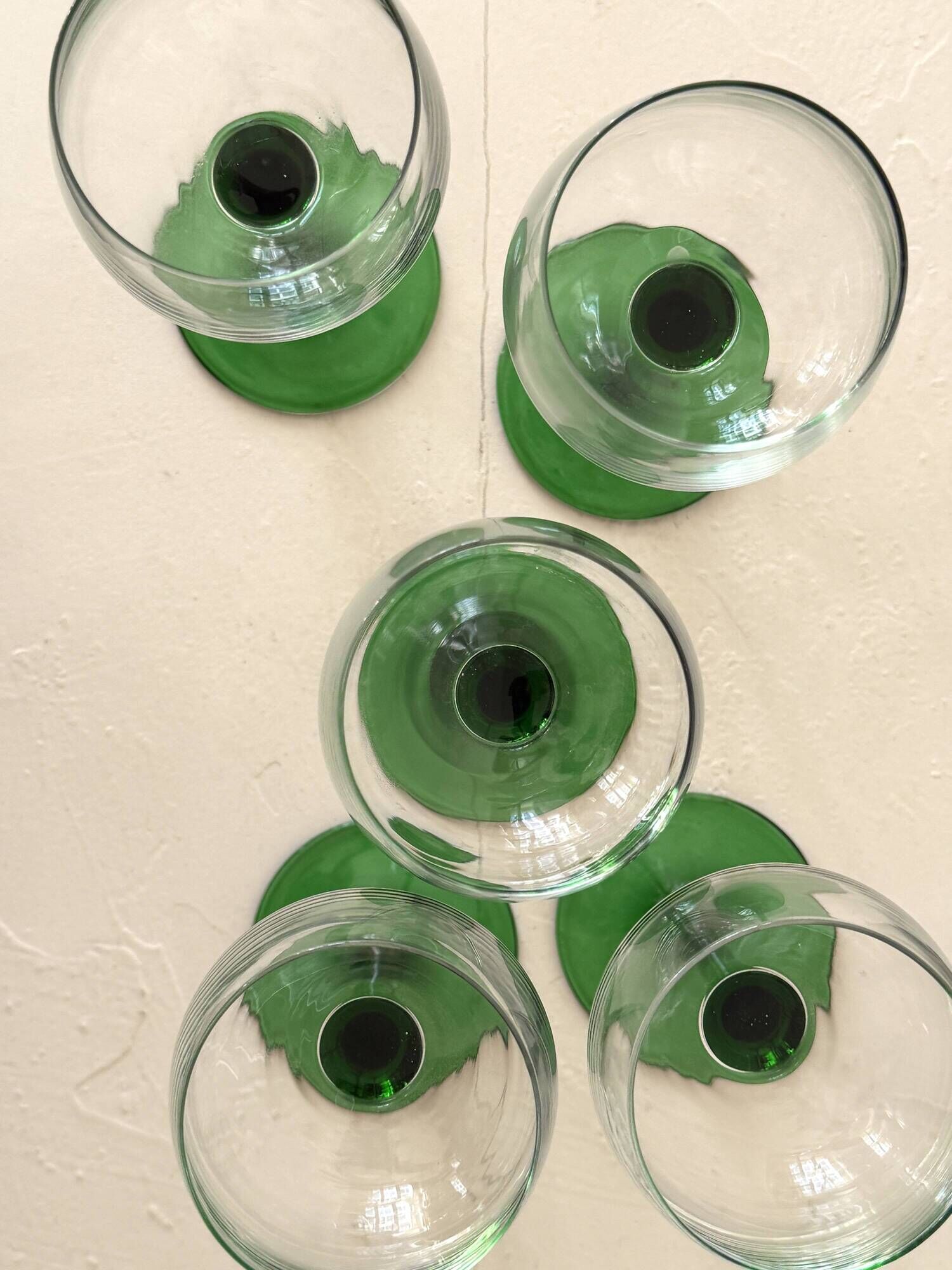 French service of green bottle glass wine glasses, Alsace 1970.