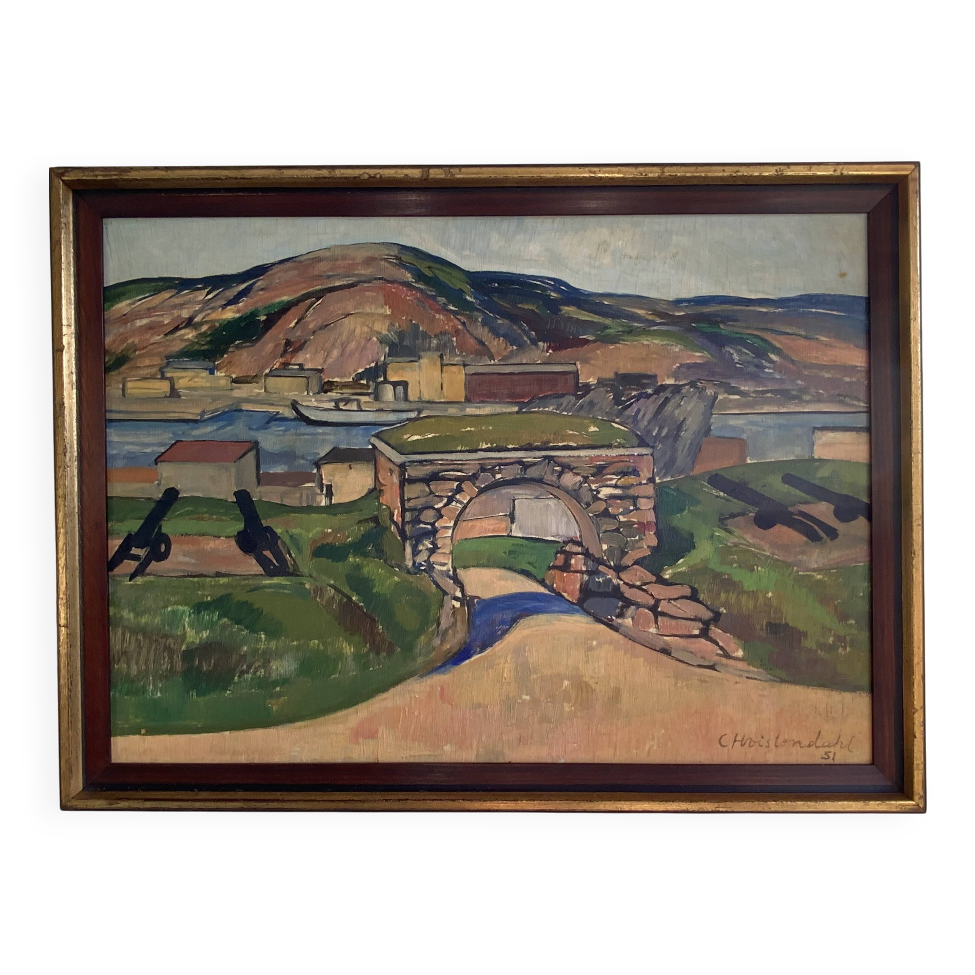 Vintage Oil Painting Landscape Fortification by Carsten Hvistendahl 1931
