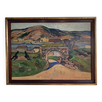 Vintage Oil Painting Landscape Fortification by Carsten Hvistendahl 1931