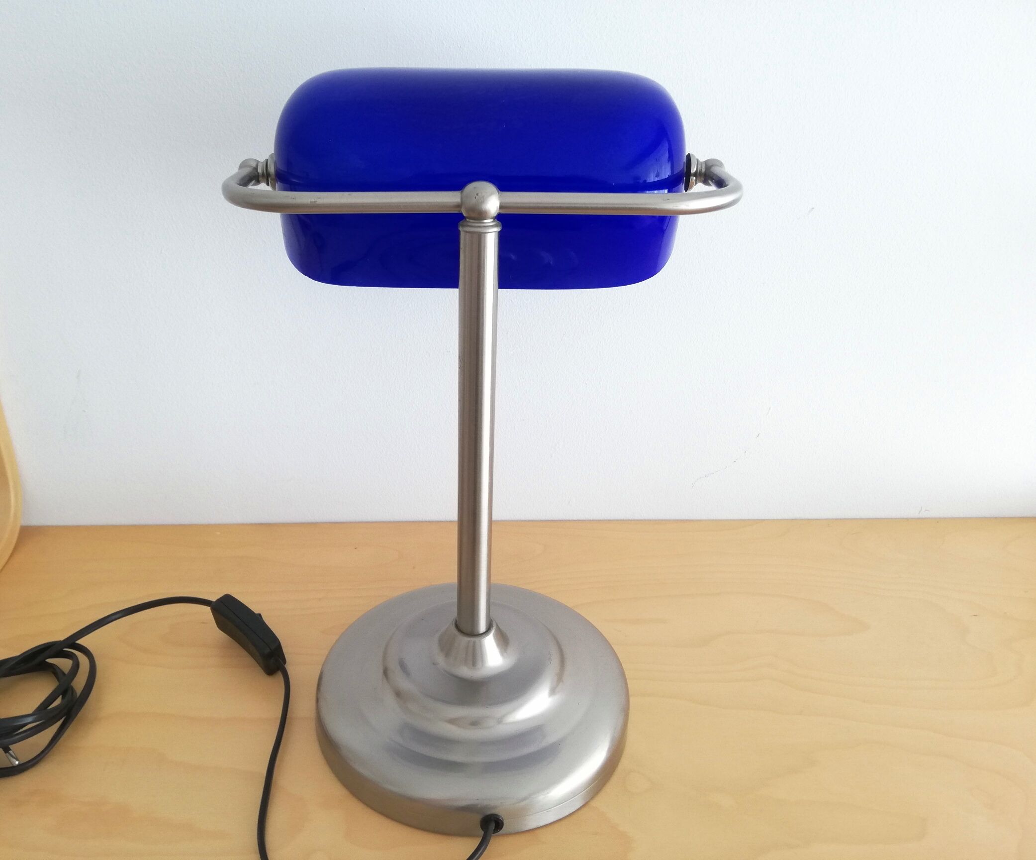 Blue glass and brass bankers lamp