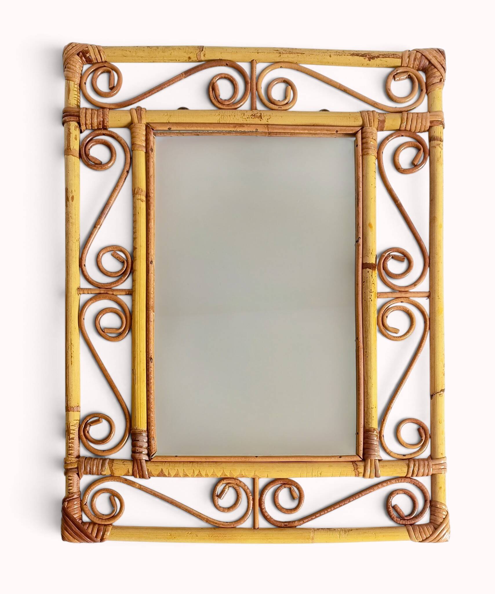 Vintage 1970s Spanish Handmade Bamboo and Rattan Wall Mirror
