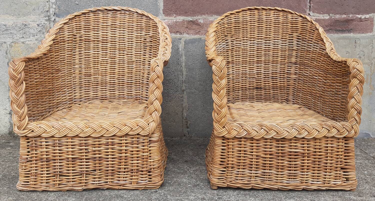Pair of wicker and rattan armchairs.