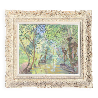 Peinture de paysage bucolique - barque sur rivière