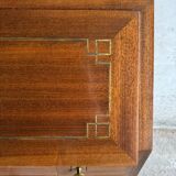 DeCoene antique wood writing desk with beige striped upholstered chair, brass-accented classic set