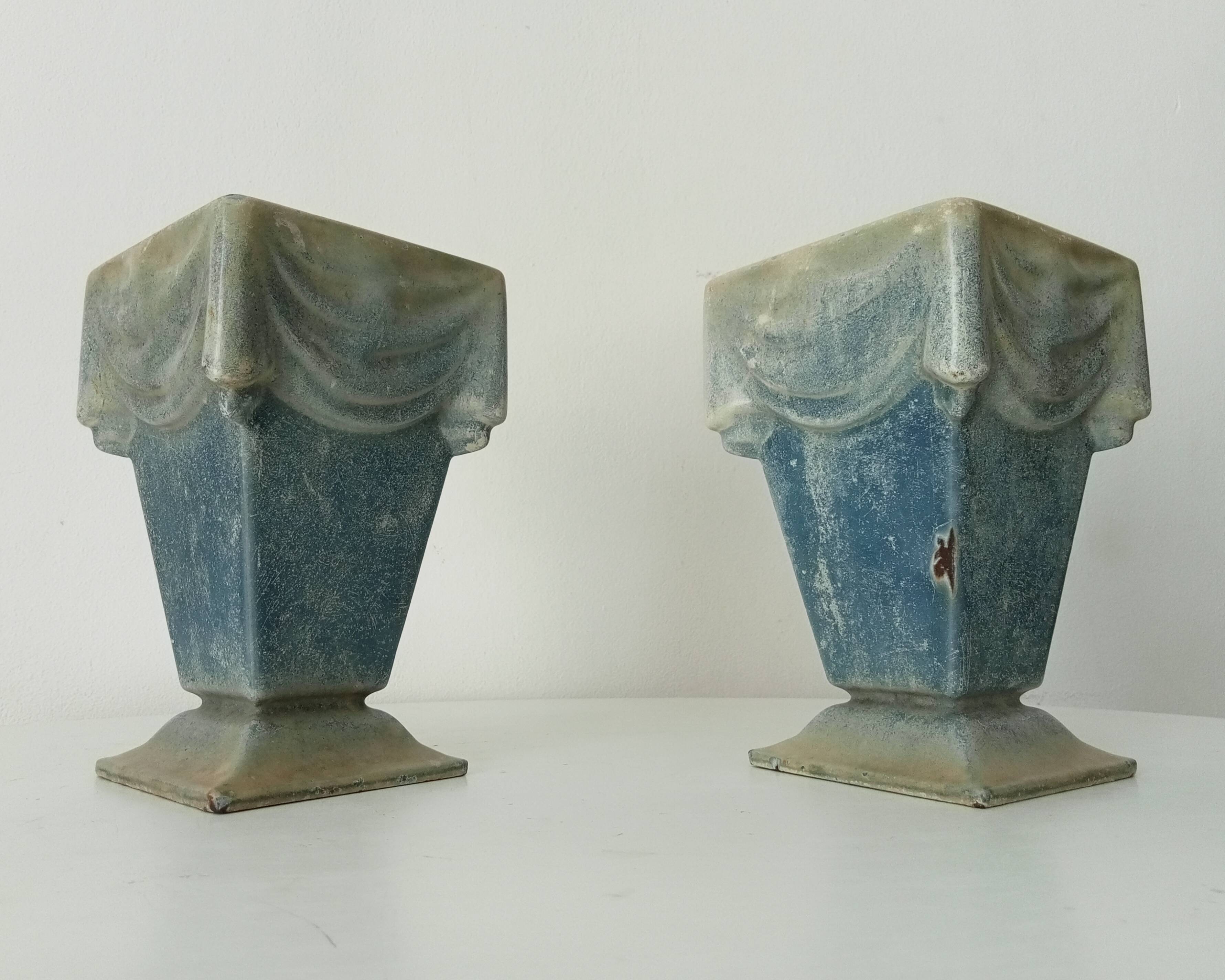 Pair of old art deco vases in enameled cast iron
