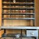 Steel postal sorting with stripped stool - patinated graphite 1950