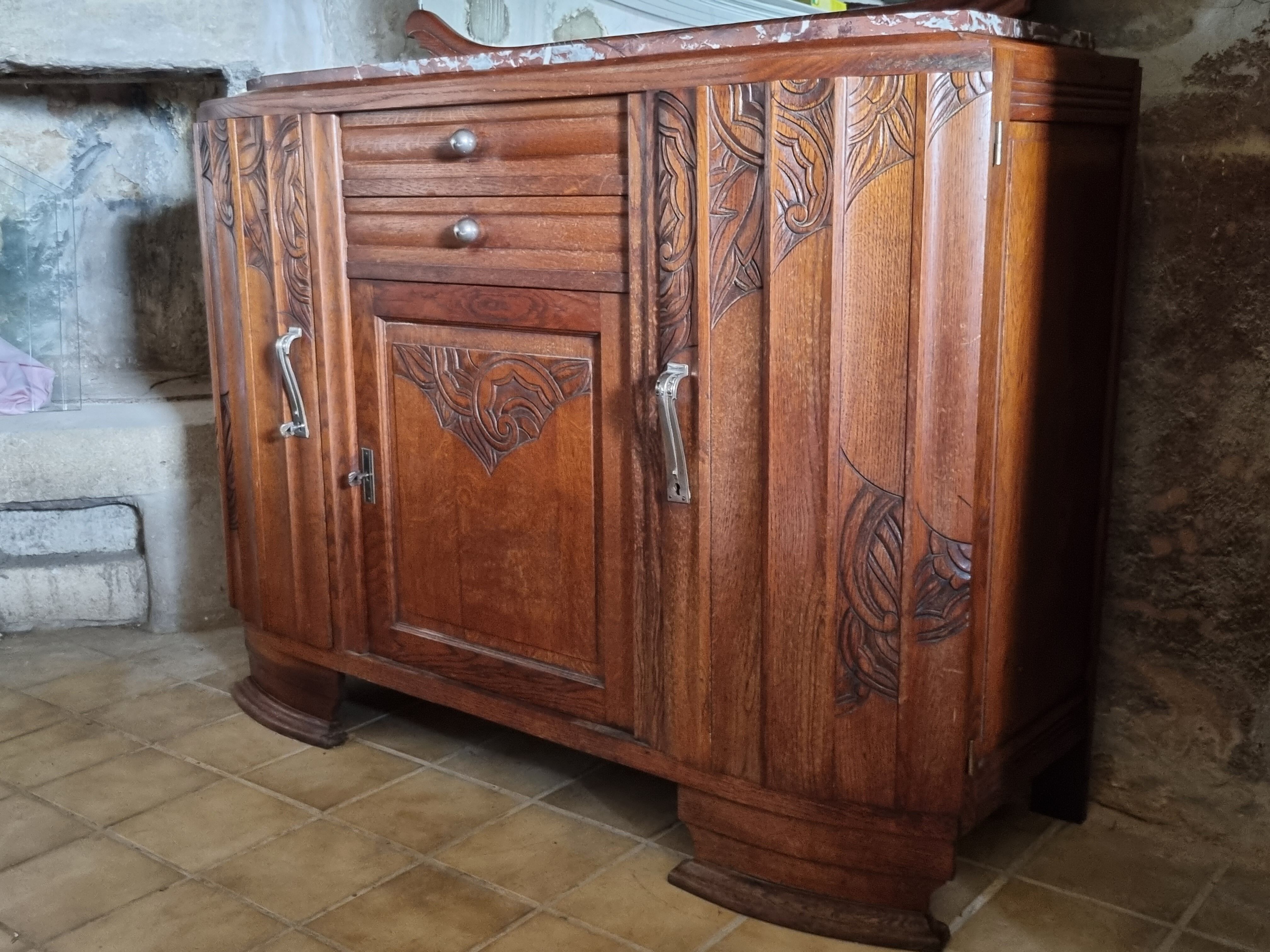 Old low art deco style sideboard, with marble and mirror