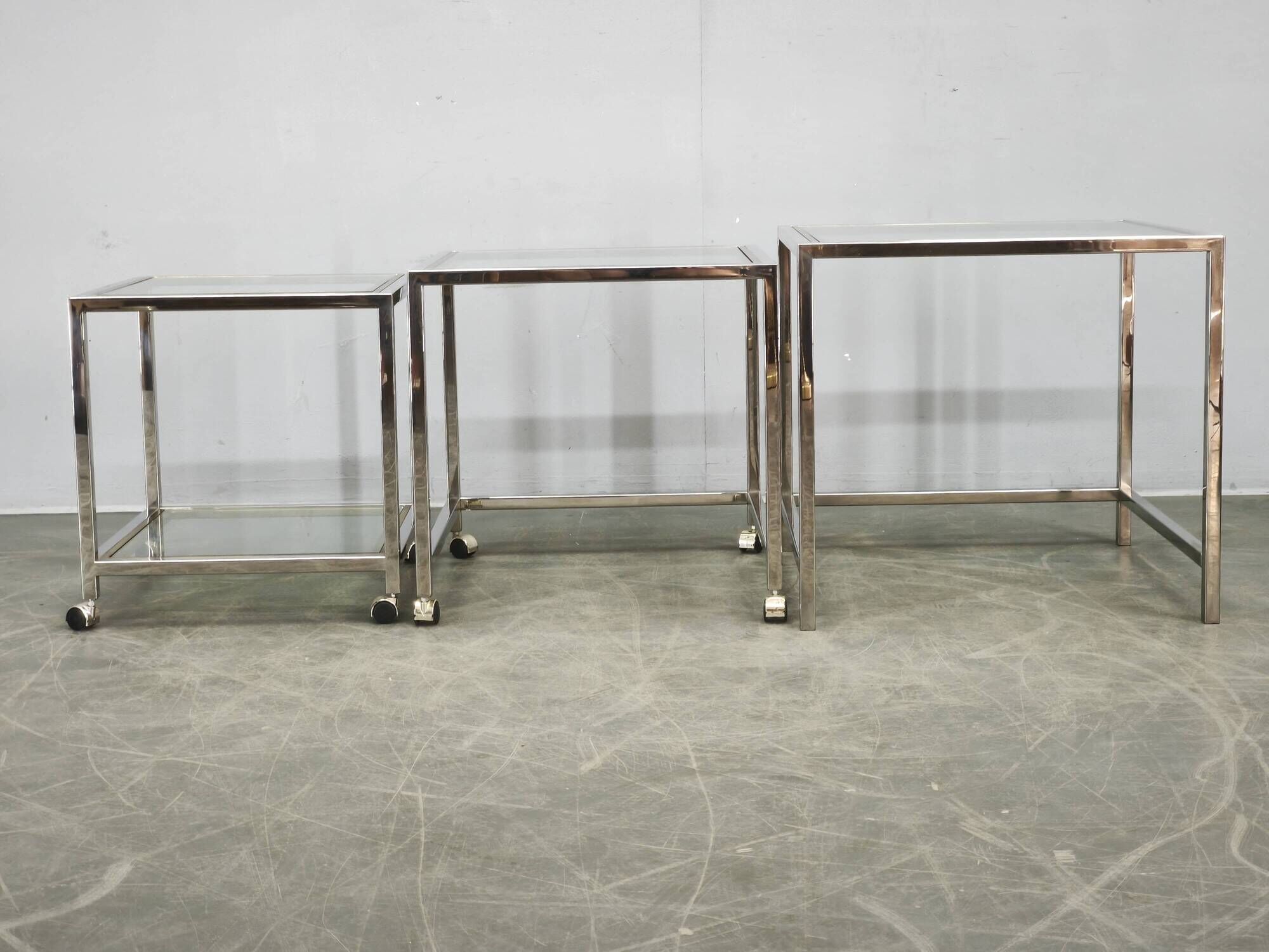 1970s Italian Chrome, Brass and Glass Nesting Tables, Set of Three