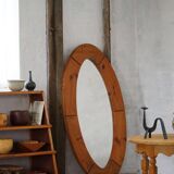 Large oval wall mirror in solid pine by Glasmäster Markaryd, Sweden, 1960s.
