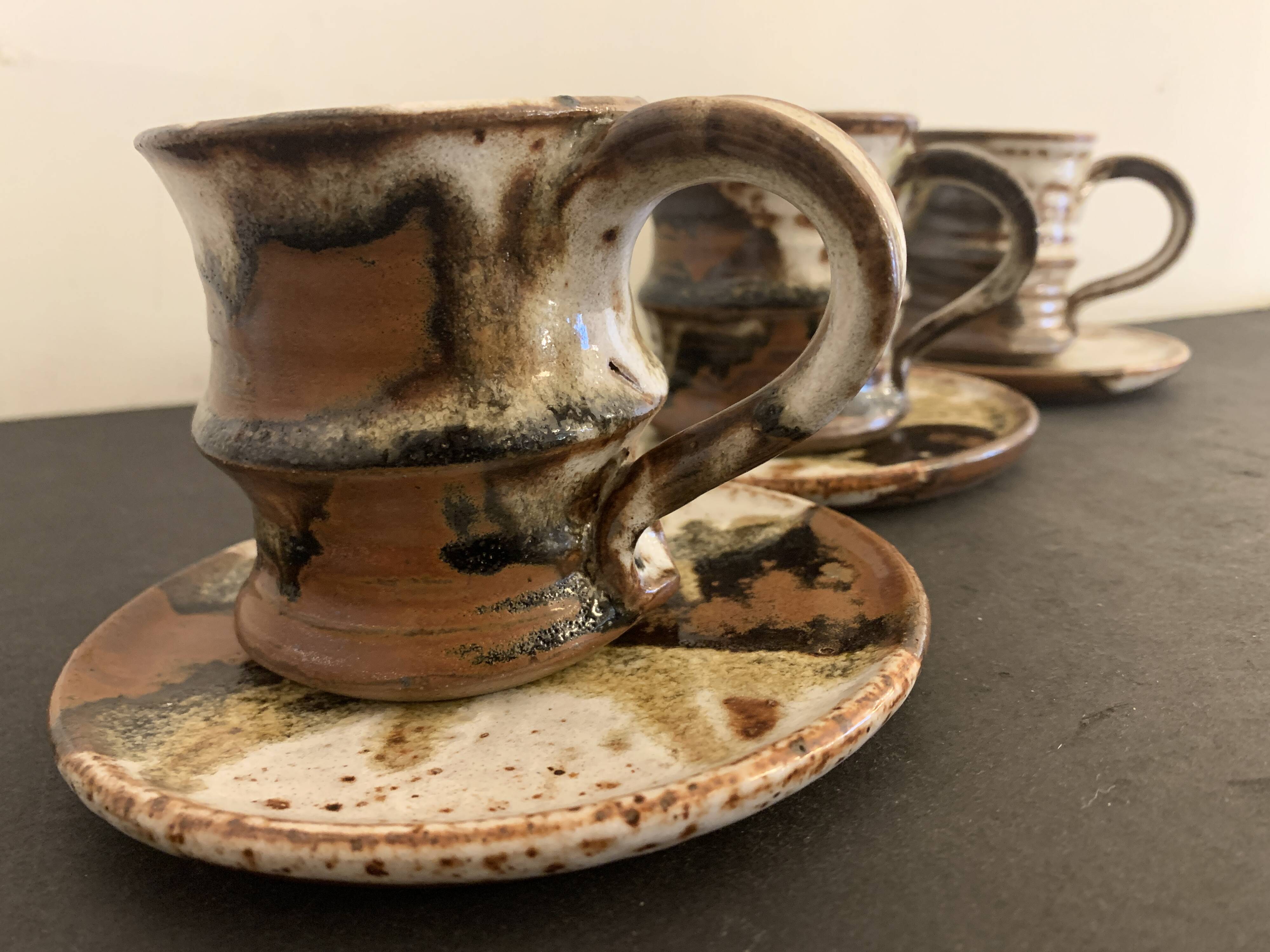 Set of 3 Danish Waldorff cups and 3 saucers in glazed stoneware