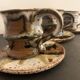 Set of 3 Danish Waldorff cups and 3 saucers in glazed stoneware
