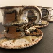 Set of 3 Danish Waldorff cups and 3 saucers in glazed stoneware