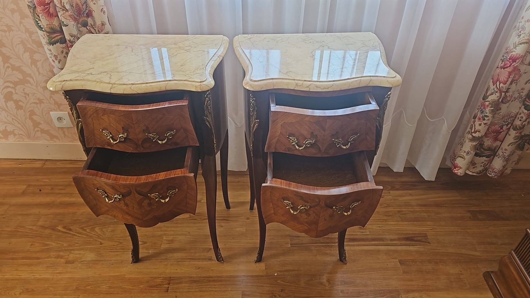 Pair of Louis XV style bedside tables with marquetry and marble top
