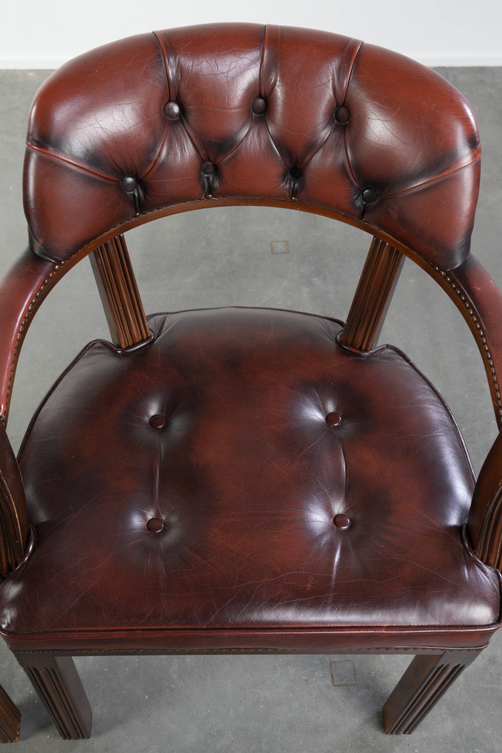 Set of two brown cowhide leather Chesterfield dining chairs