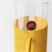 Transparent Glass Pitcher with Yellow Metal Sleeve and Pestle - Memphis Style, 1980s Italy