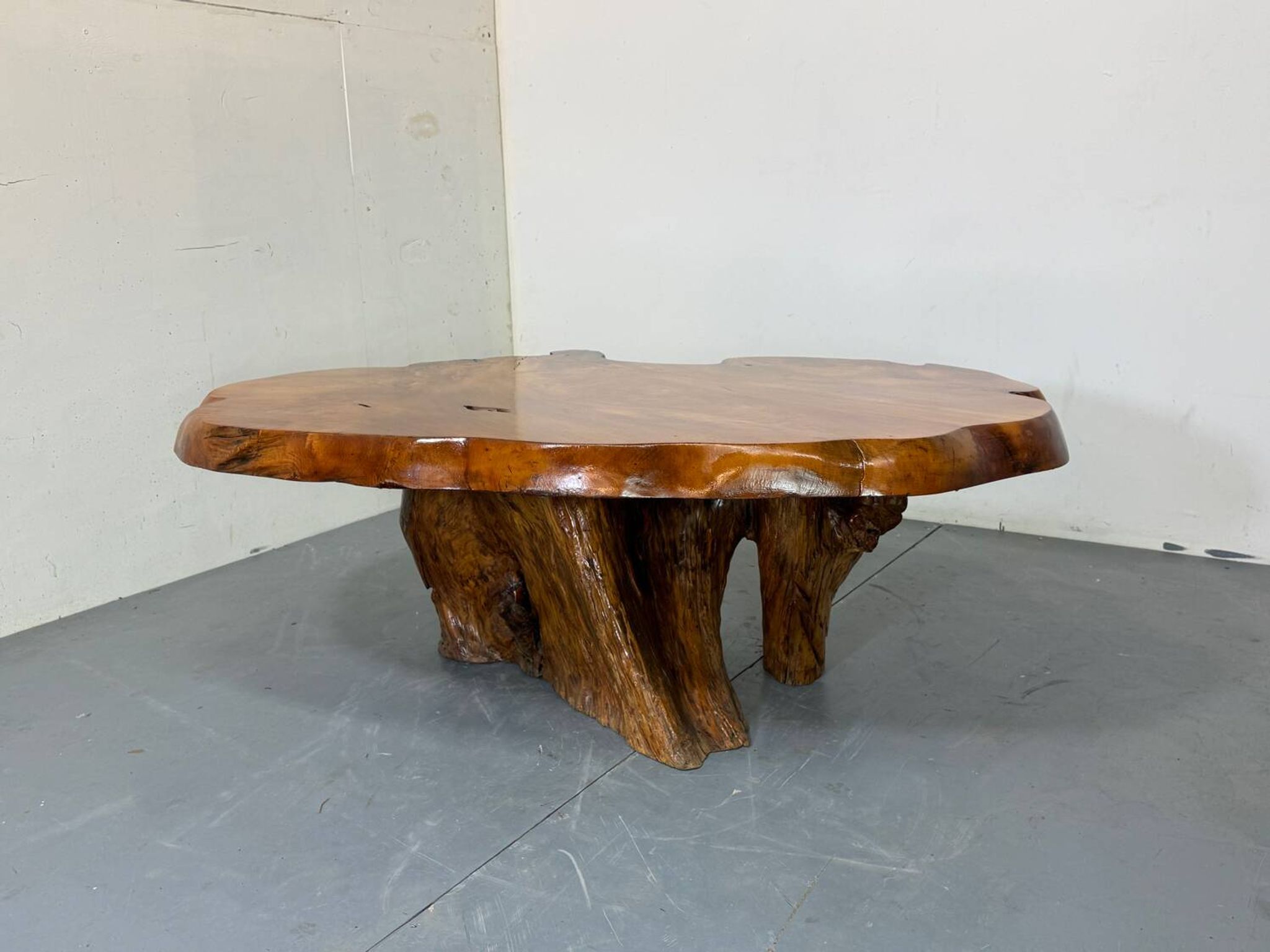 Brutalist Wabi Sabi mid-century coffee table made of natural biological burl wood.
