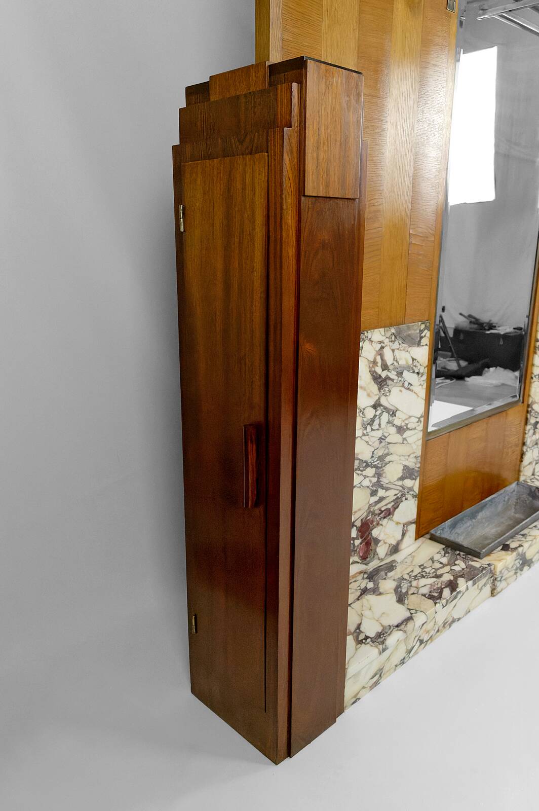 Large Art Deco wardrobe in oak, marble and mahogany, circa 1925