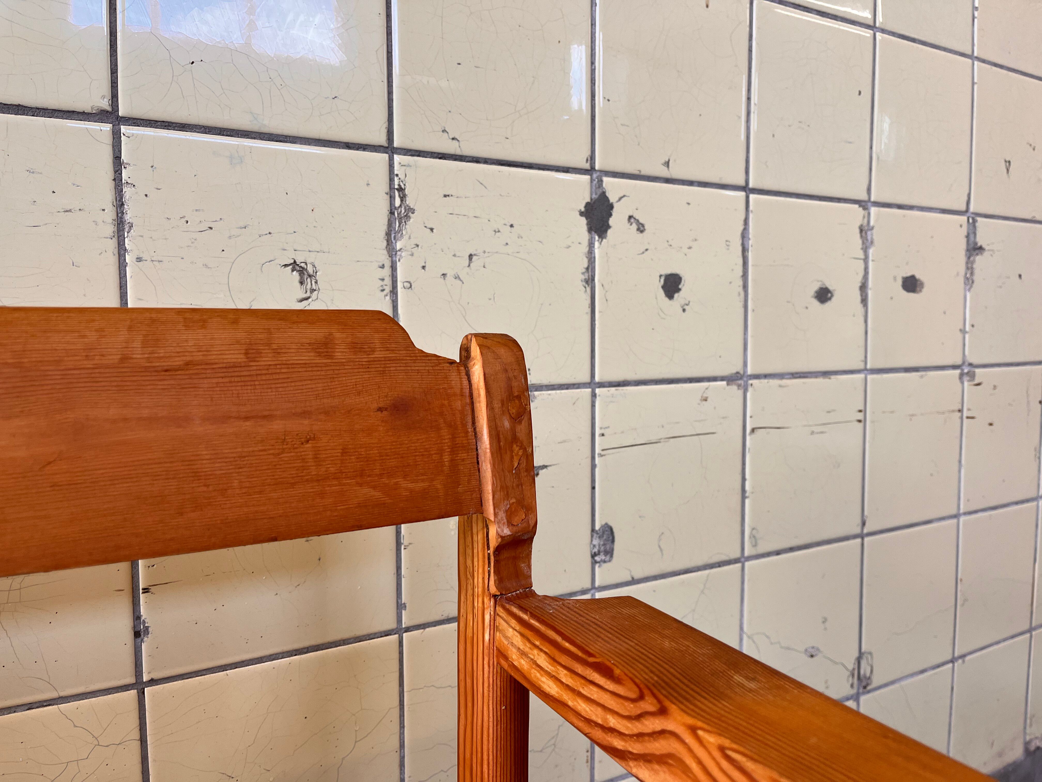 Set of six brutalist dining chairs in pine