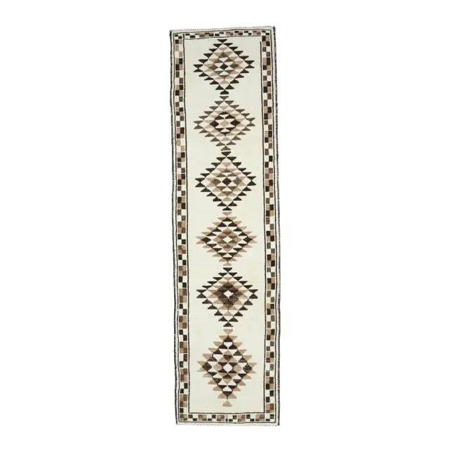 Vintage Turkish Oushak Handmade Wool Cotton White Runner Rug 90x338