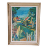 Tableau Huile sur toile signée Besacier — paysage de village coloré