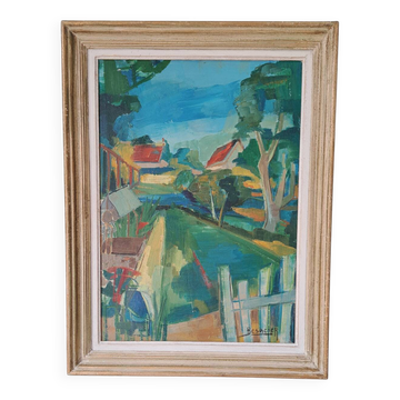 Tableau Huile sur toile signée Besacier — paysage de village coloré