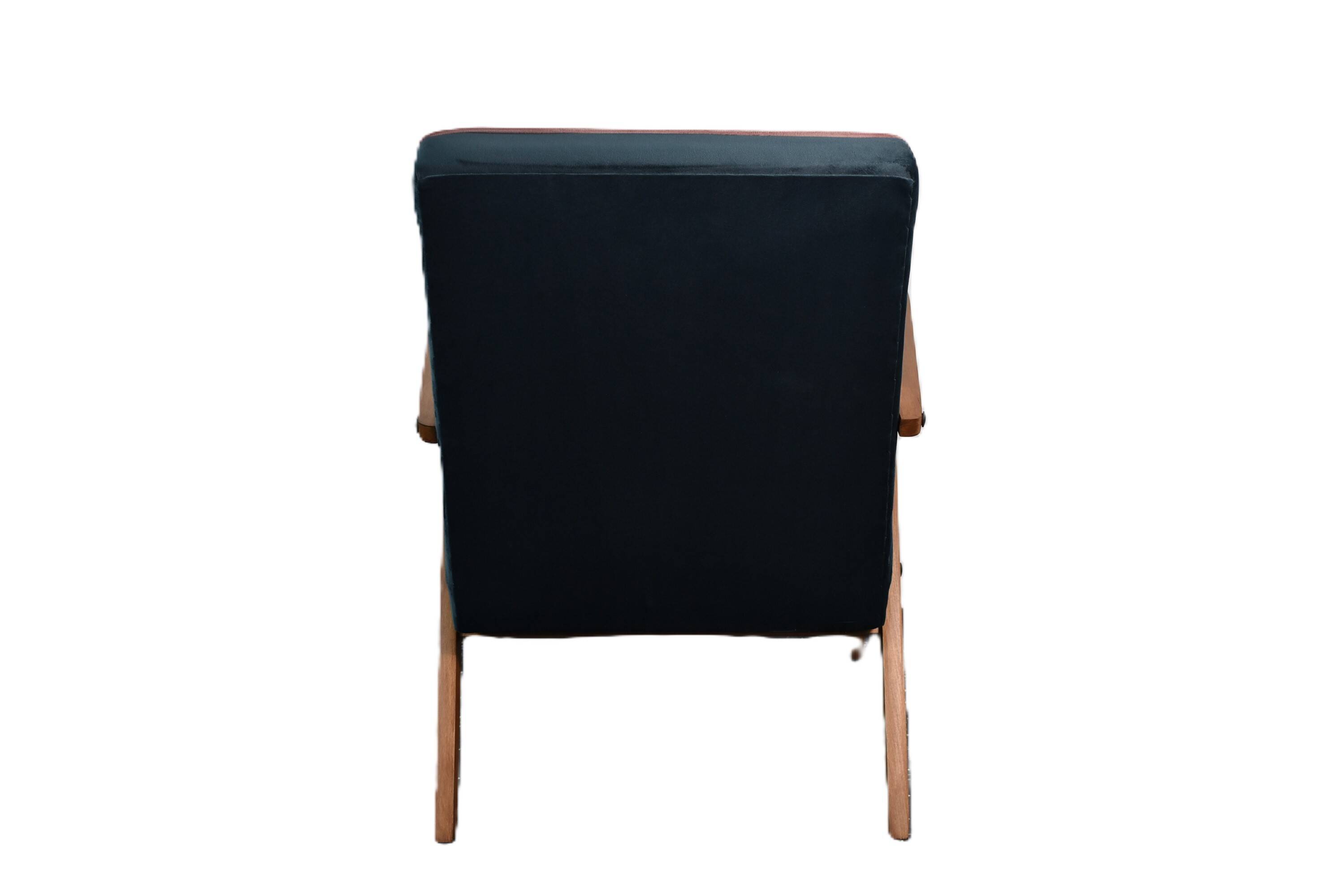 Chaise compas restaurée, tissu jaune canari, fil rose, teck, 1960