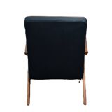 Chaise compas restaurée, tissu jaune canari, fil rose, teck, 1960