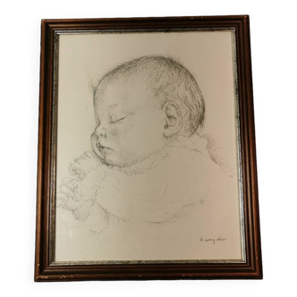 cadre avec dessin imprimé de l'artiste Danois Il Spang Olsen adorable bébé faisant une sieste