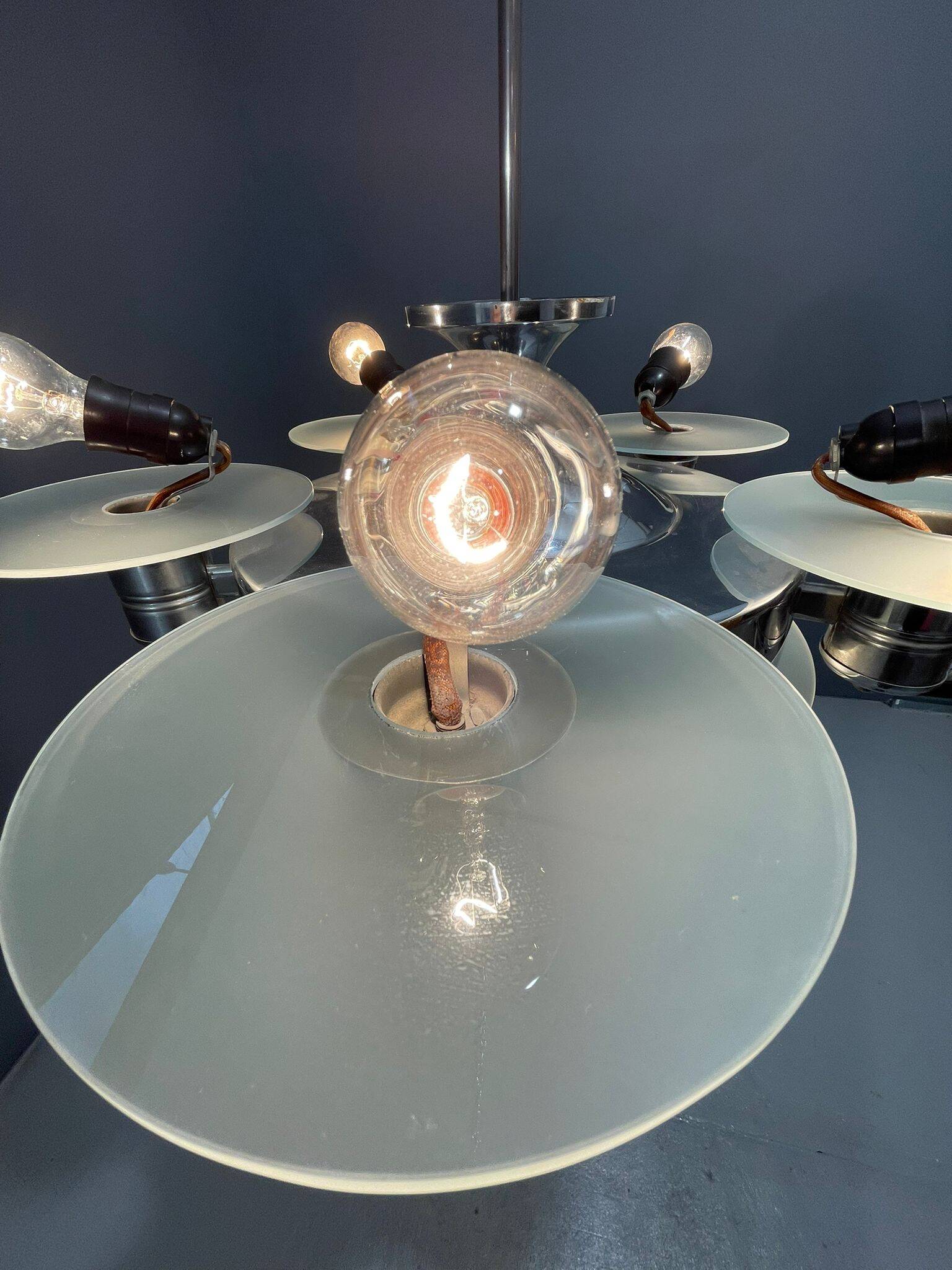 1930s Art Deco Chrome Chandelier with Frosted Glass Disc Shades – Czech Vin