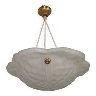 French Art Deco Floral Glass Ceiling Light 3 Cord Hangers & Brass Ceiling Fitter 4563