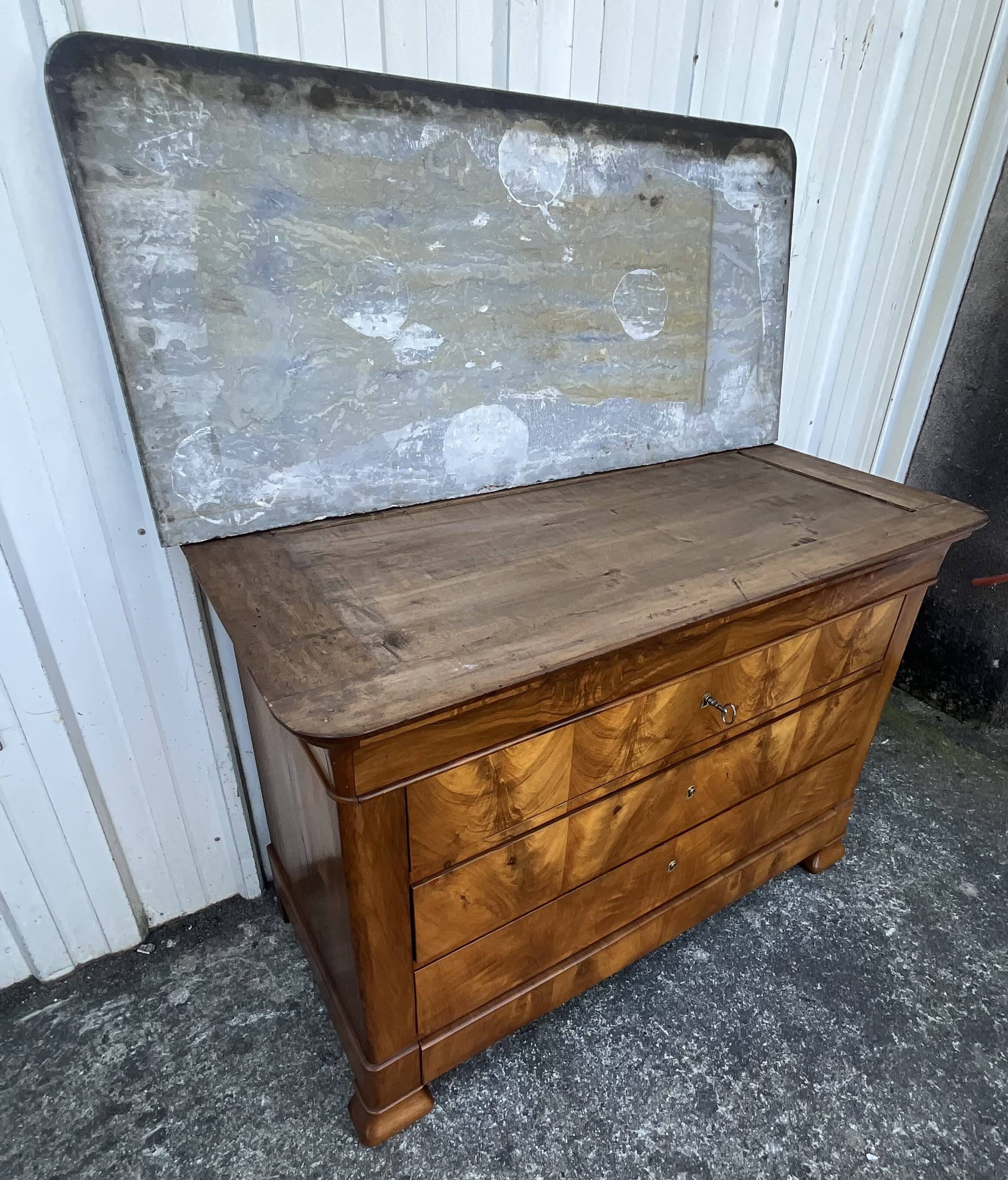 Louis-Philippe commode in burr walnut, Saint-Anne grey marble, mid-century