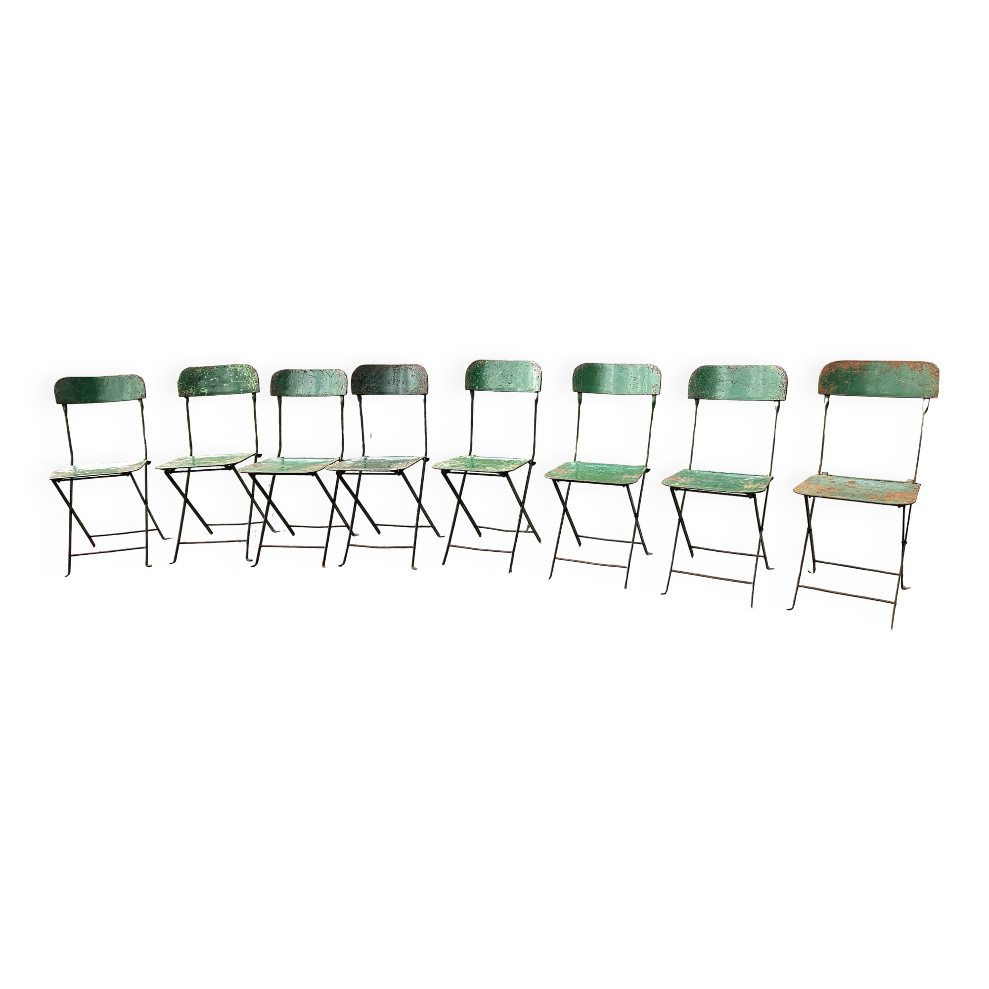 Set of 8 industrial folding chairs in green painted metal